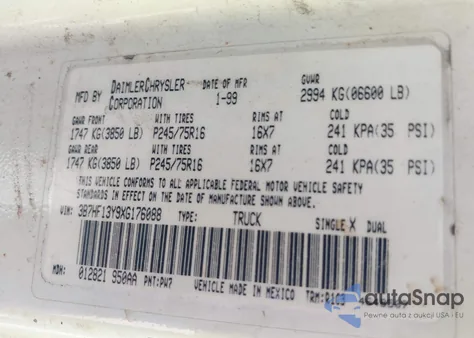 1999 Dodge Ram 1500 St z USA, uszkodzony, nr VIN 3B7HF13Y9XG176088